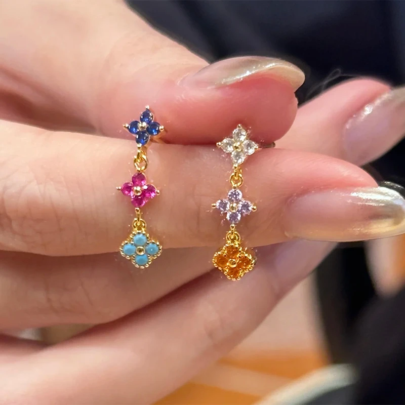 铜合金耳饰 四叶花耳钉女小众设计轻奢高级感气质精致花朵耳饰