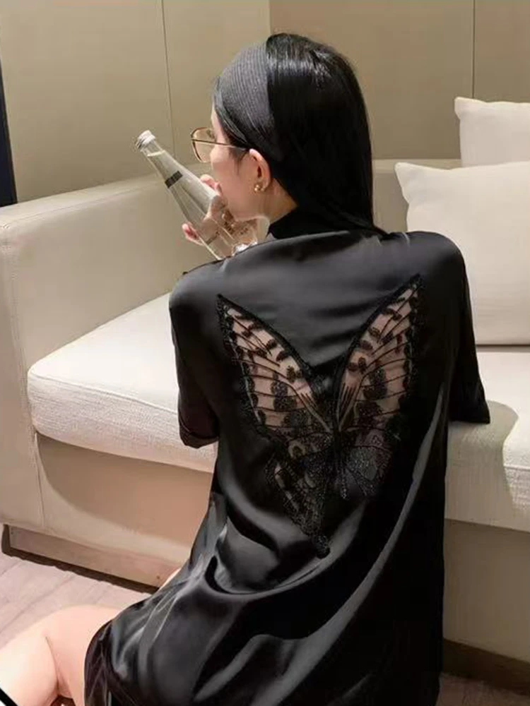 睡衣女夏季短袖露背蝴蝶刺绣两件套2025年新款可外穿带胸垫家居服