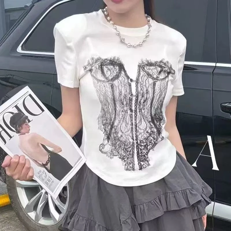 欧洲站2025夏季新款欧货小众设计师款圆领比基尼印花短袖T恤11966