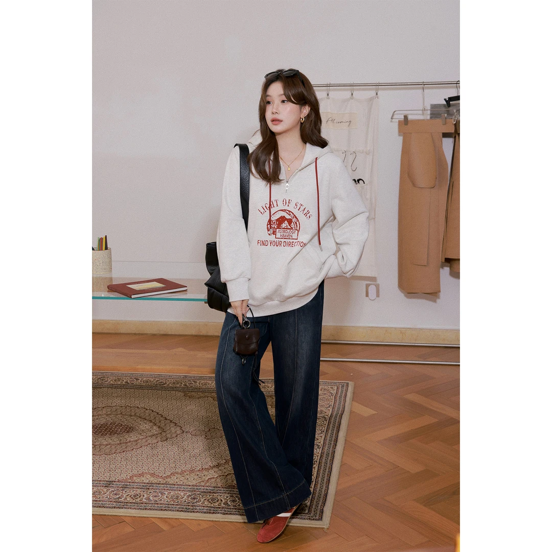 现货大婉酱微胖定制【风向标】印花加绒连帽卫衣冬慵懒风上衣 2669D