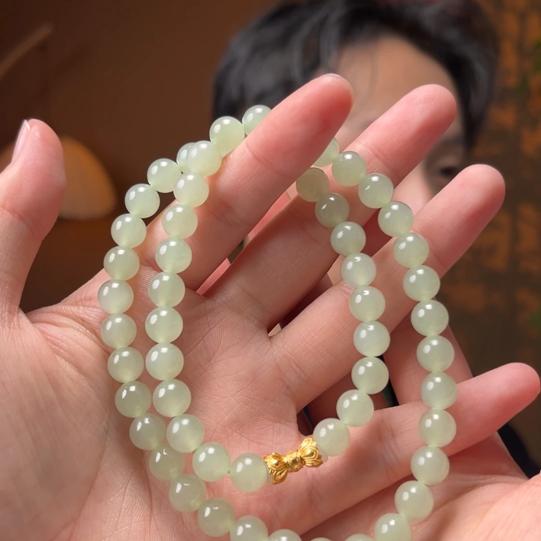 颈饰银S925镶嵌和田玉高冰晴水妈妈链8mm390