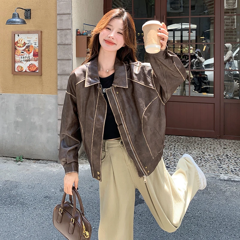 炸街PU皮夹克上衣美式复古咖色皮衣外套女早秋短款宽松机车服爆款