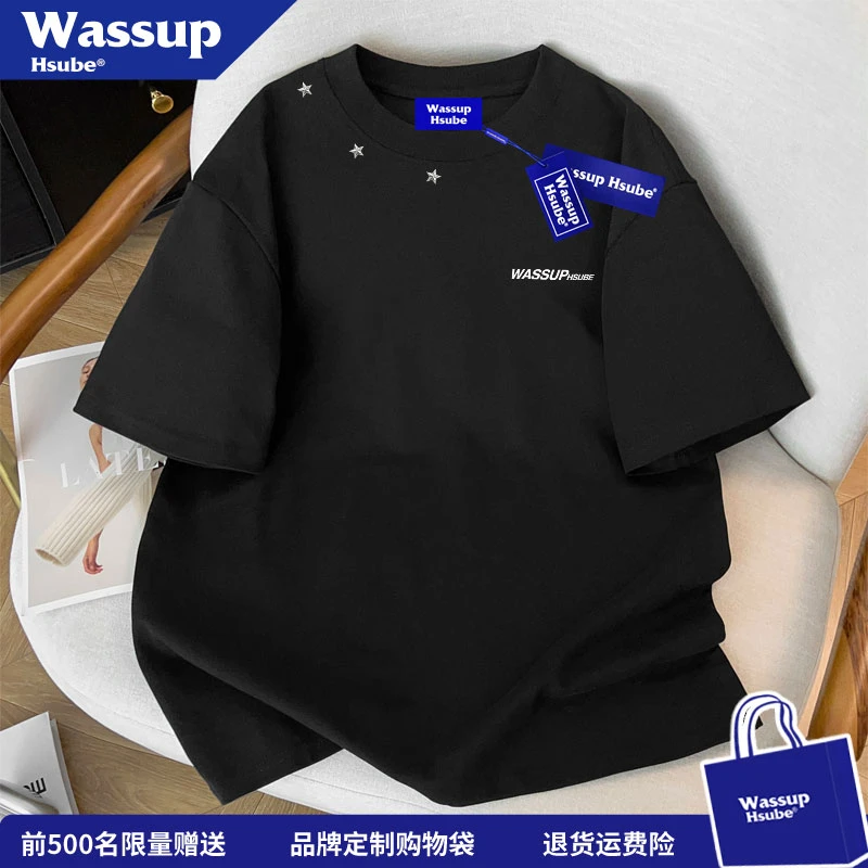 WASSUP HSUBE高级感五角星字母印花重磅正肩上衣夏季痞帅纯棉短袖