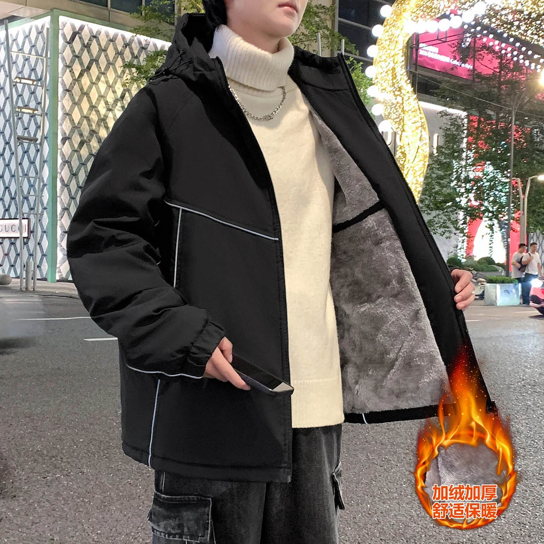 秋冬加绒加厚连帽外套男生保暖防寒潮流夹克休闲百搭时尚宽松上衣