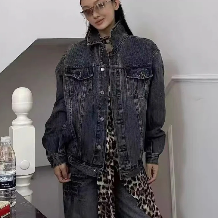 2025秋季新款韩版美式复古水洗设计感宽松显瘦翻领牛仔夹克外套女