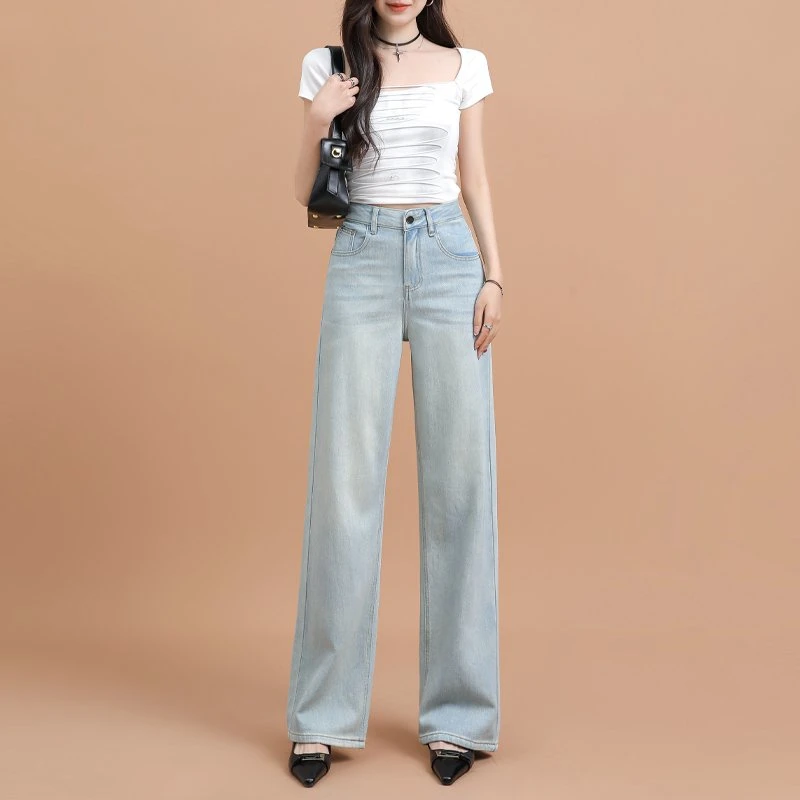 Y827莱赛尔高腰牛仔裤2025新款显瘦气质高级时尚牛仔阔腿裤女款