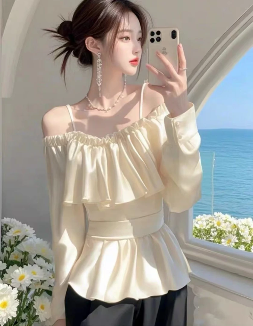 白色高级感法式设计感长袖衬衫女春季荷叶边缎面好看独特漂亮上衣