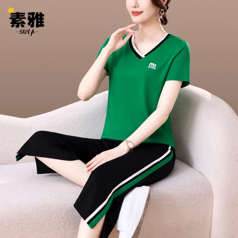 运动套装女夏2025新款时尚宽松洋气V领冰丝短袖七分裤休闲两件套