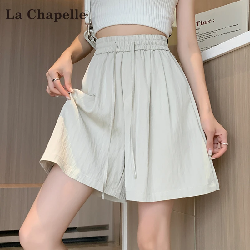 拉夏贝尔冰丝五分裤女夏季薄款小个子松紧腰宽松休闲阔腿运动短裤