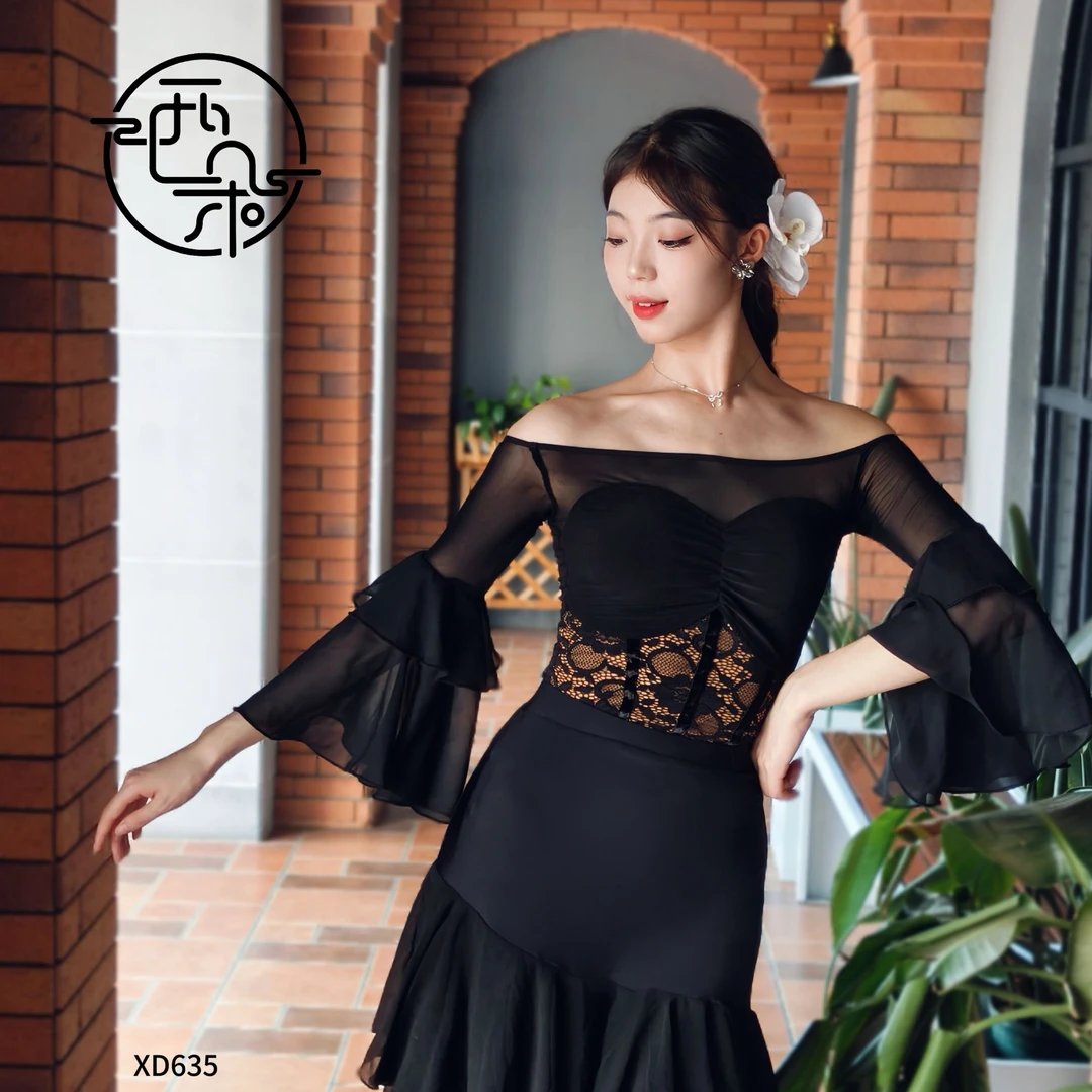 西朵舞服黑色蕾丝拼接高雅显瘦摩登舞一字肩练功服XD635
