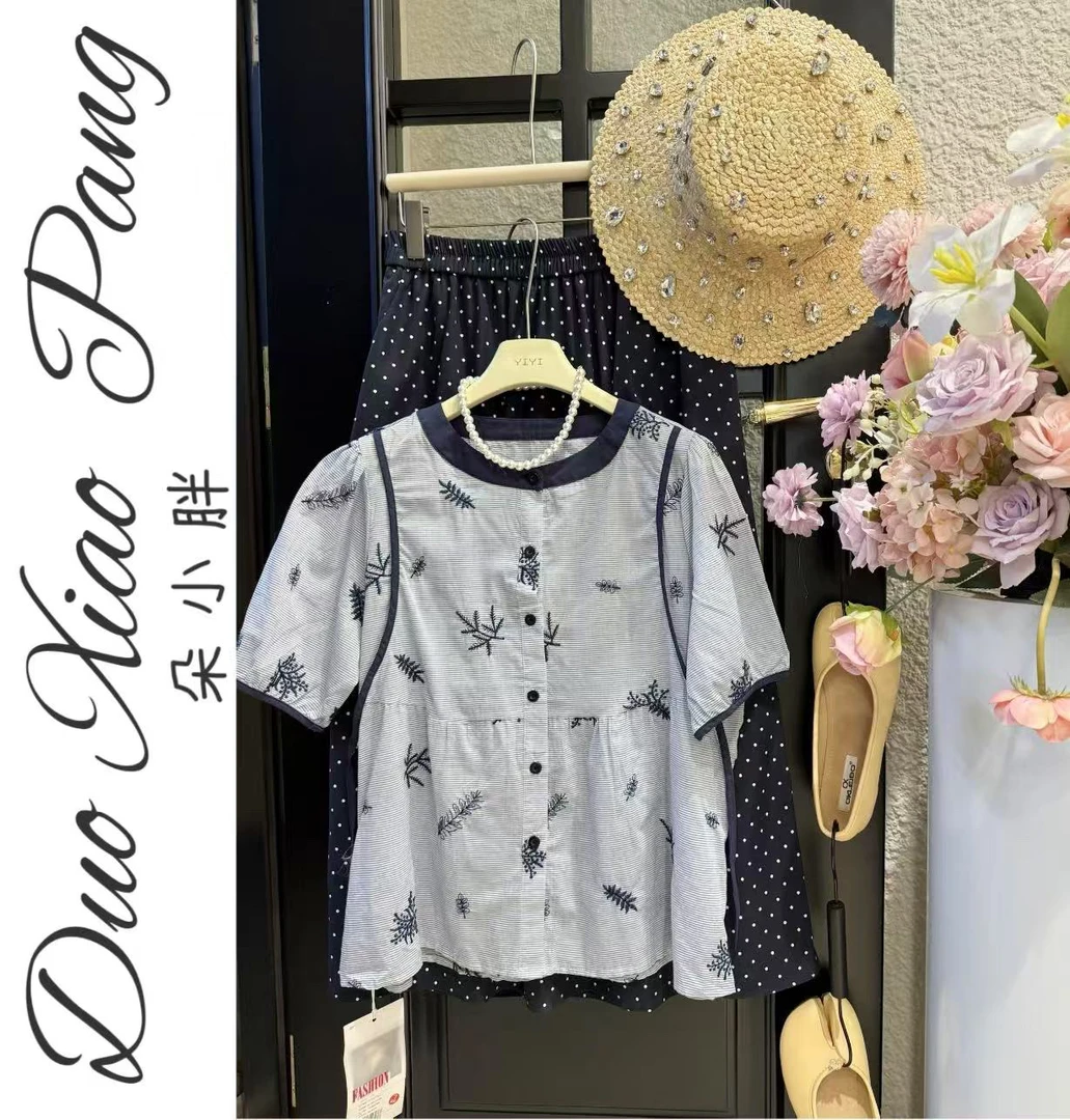 加大加宽夏季法式短袖女重工印花短袖遮肚子上衣99305