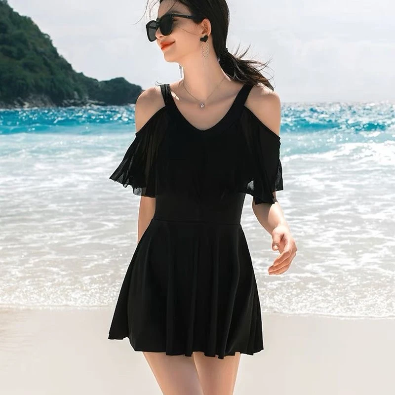 2件套 分体 荷叶边微胖女孩遮肉显瘦黑色泳衣