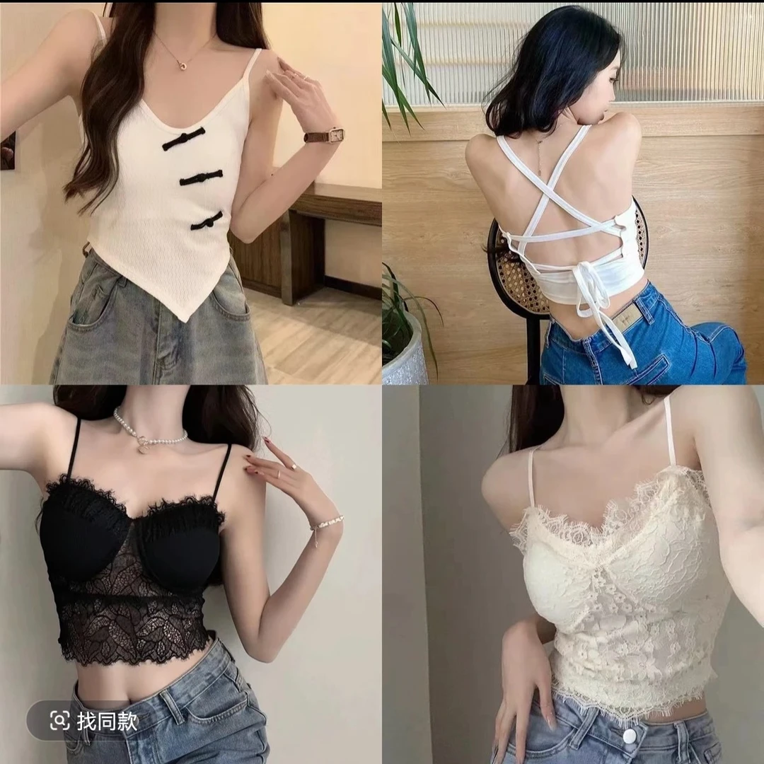 一蕾丝花边挂脖带胸垫美背吊带背心女纯欲内衣美背