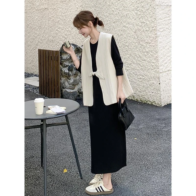 蝴蝶结马甲纯色打底连衣裙套装女2025秋季气质简约大方宽松两件套