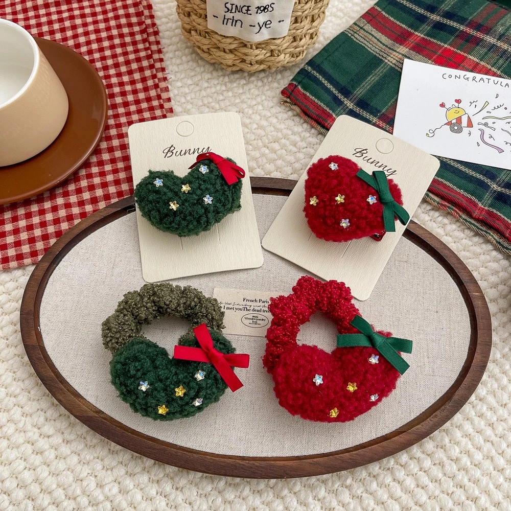 圣诞毛绒爱心儿童发圈发夹 秋冬圣诞氛围感时尚BB发饰可爱少女