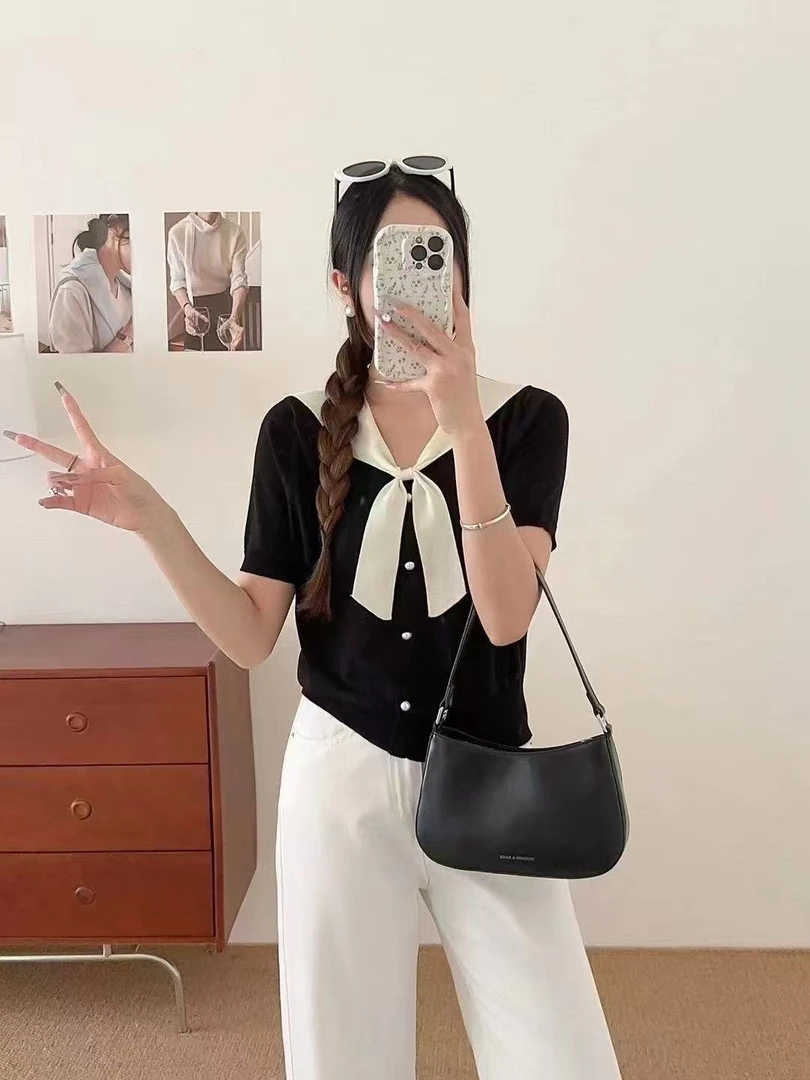 【551-600】百搭海军领拼接夏季短袖毛针织衫时尚衬衫小香风减龄