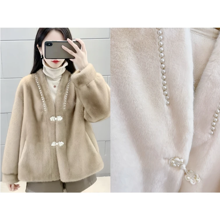 新中式盘扣珍珠毛毛加厚外套女