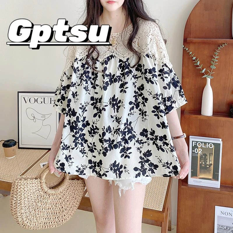 GPTSu娃娃衫上衣女2025年新款韩版宽松圆领镂空蕾丝拼接碎花蕾丝
