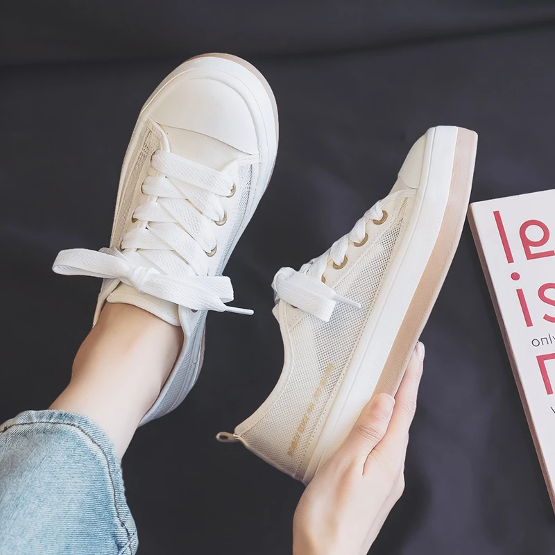 人本夏季网面镂空帆布鞋女透气平底运动板鞋休闲百搭薄款小白网鞋