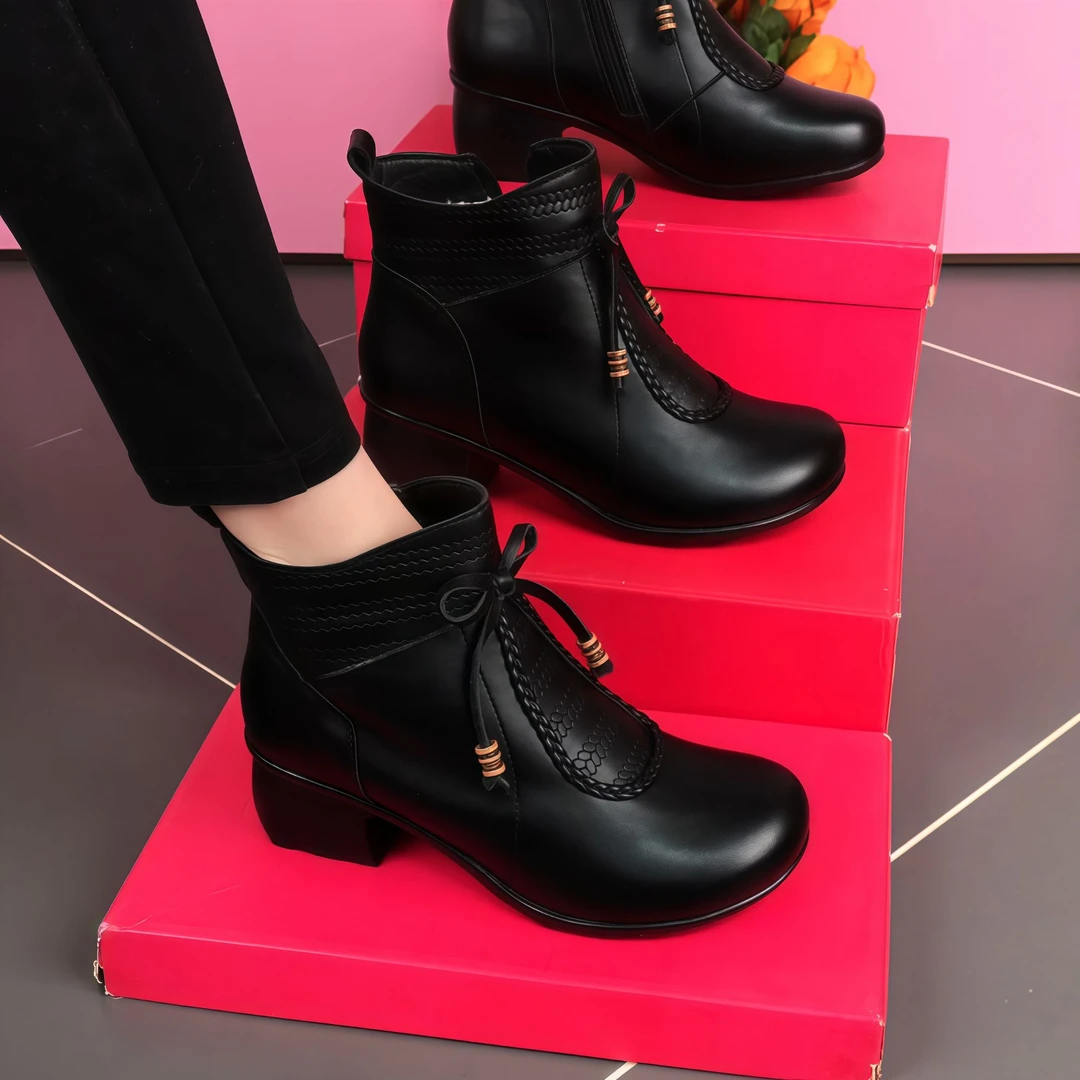 真软皮百搭软底圆头中跟秋粗跟短靴妈妈鞋系带高跟加绒