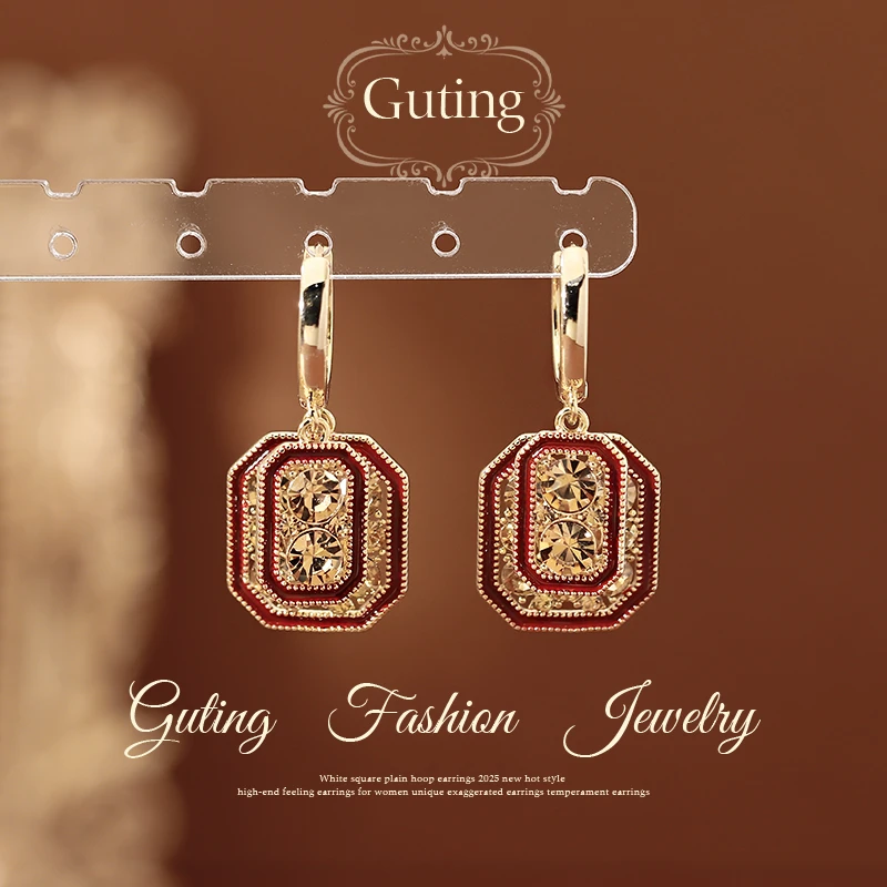 铜合金合成锆石耳饰 22675黄色双层几何耳环耳饰秋冬高级轻奢耳钉