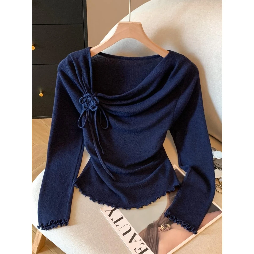 韩系ins风藏青色不规则领长袖上衣女秋装短款收腰褶皱百搭漂亮t恤