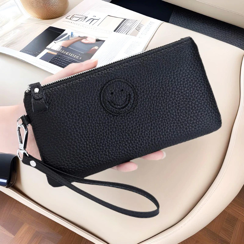 真皮女士手拿包2025新款时尚笑脸拉链软牛皮手机包大容量长款钱包