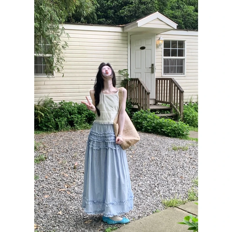 parkyeon夏日绝美白色花边背心吊带蓝色气质半身裙减龄两件套