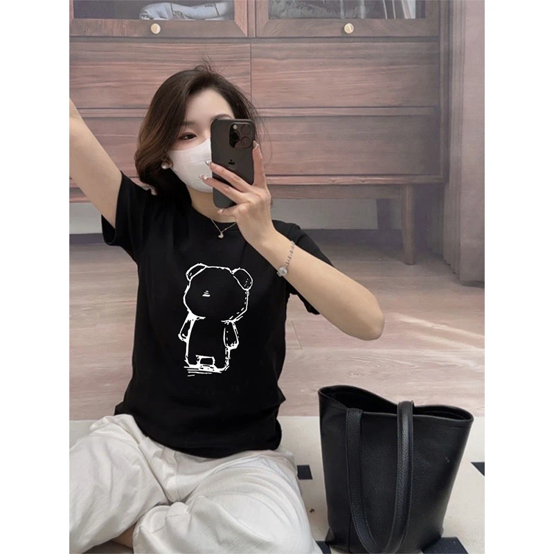 正肩磨毛短袖T恤女2025春夏秋季时尚百搭减龄显瘦黑色上衣打底衫