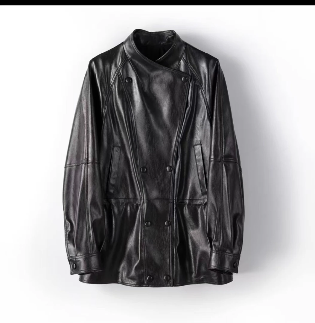 《冷翡翠》海宁爆款真皮油蜡中长款女士抽绳收腰双排皮扣绵羊皮外套