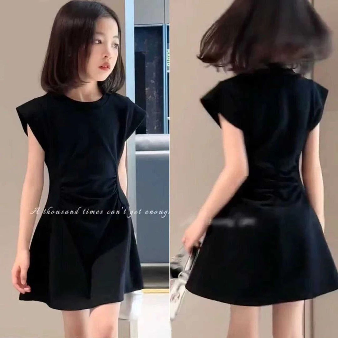 女童法式小黑裙2025新款中大童夏季洋气时髦收腰连衣裙休闲长裙潮