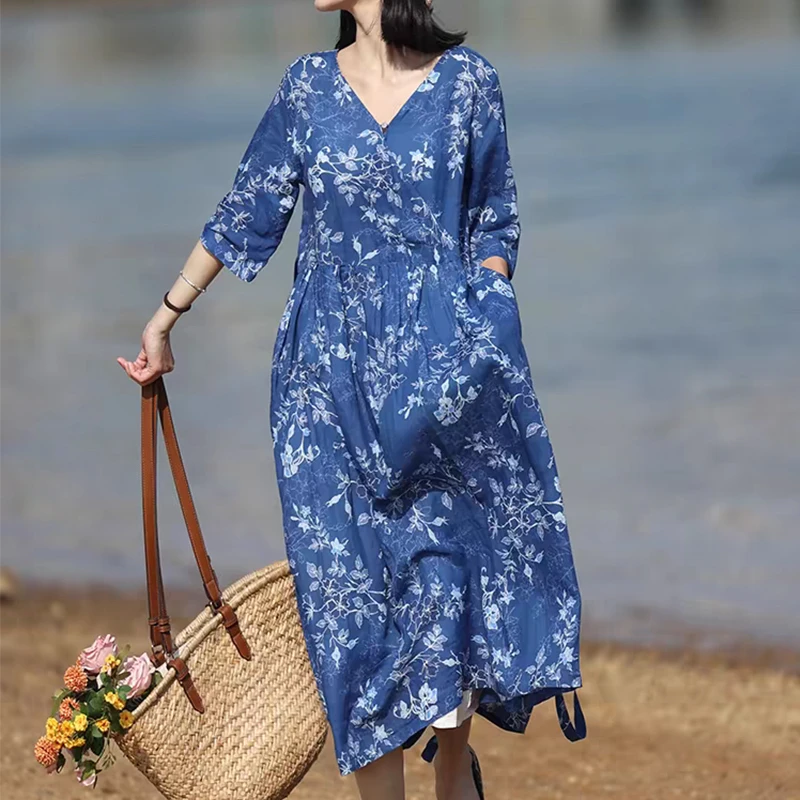 【心怡专属】100苎麻连衣裙女长款夏季时尚V领显瘦碎花棉麻大摆裙子