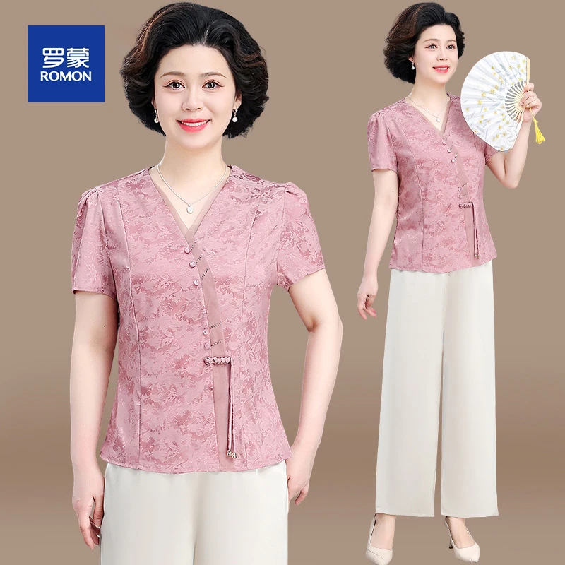 年轻妈妈夏装洋气套装2025新款中老年女装夏季短袖国风小衫两件套