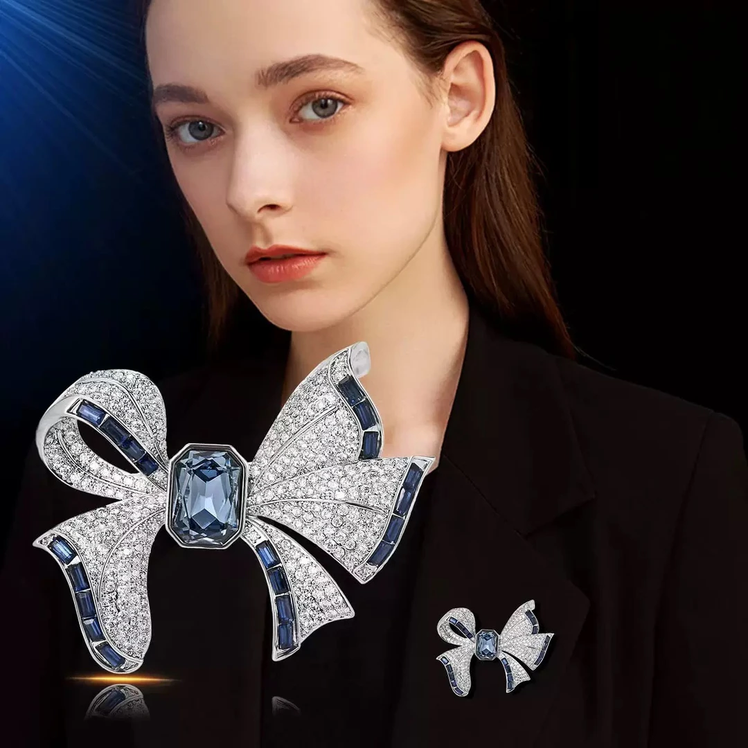 铜合金合成锆石胸针 夏天蓝色蝴蝶结轻奢高端胸针