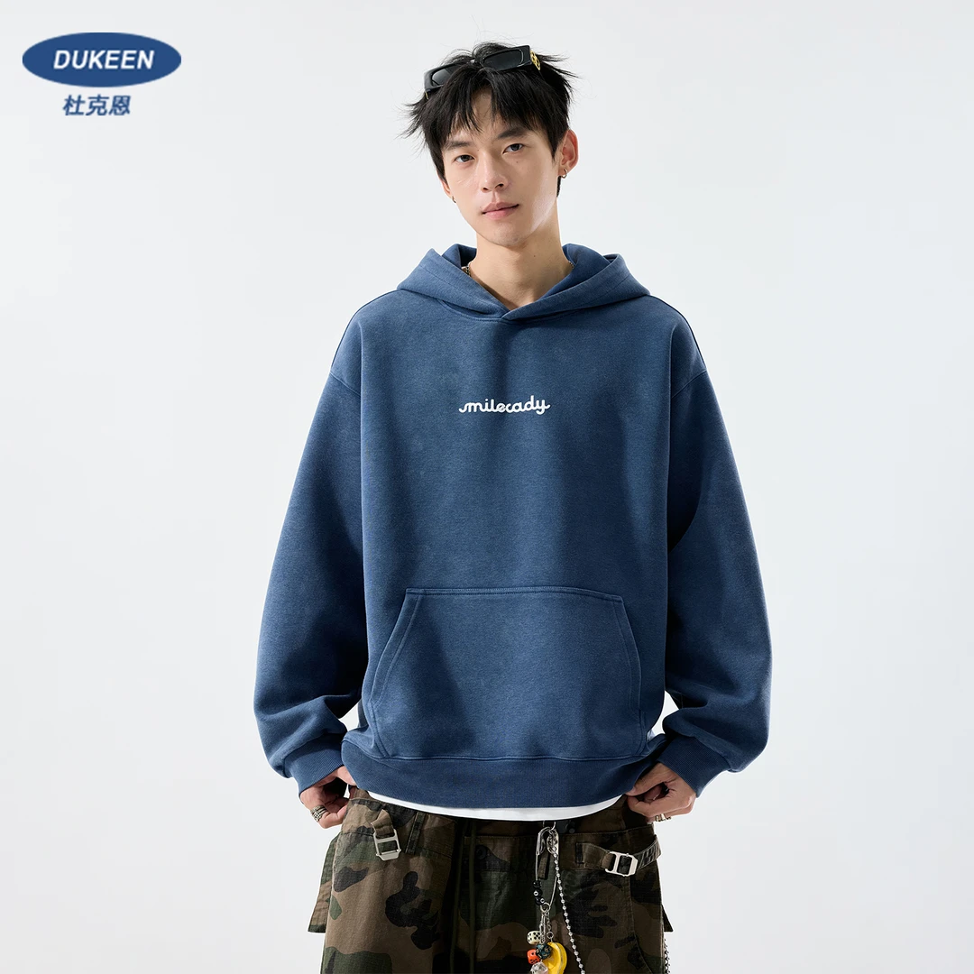 杜克恩400G重磅纯棉连帽卫衣男秋季复古印花水洗休闲运动帽衫外套