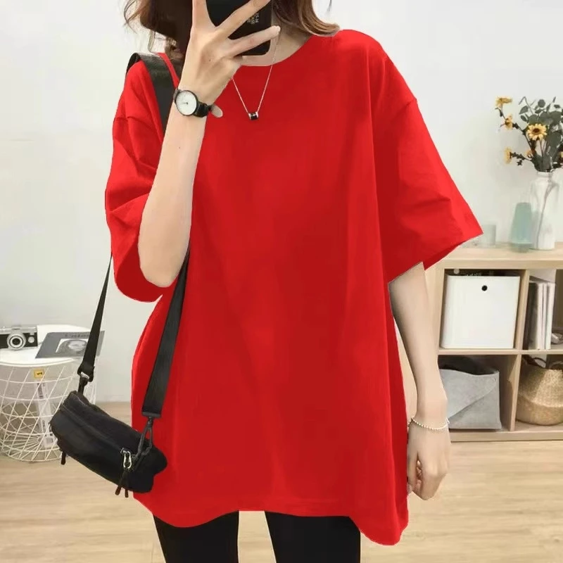 2025新款纯棉净版短袖T恤女韩版宽松中长款红色纯色半袖上衣夏季