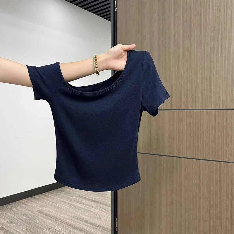 一字肩斜肩短袖T恤女夏季露肩设计感性感纯欲辣妹短款露锁骨上衣