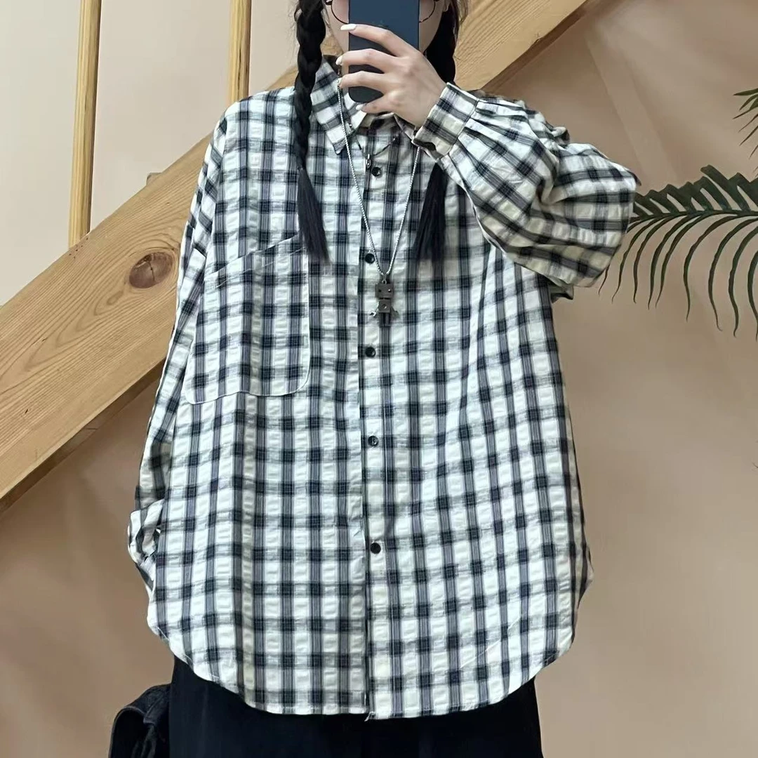 2025新款复古慵懒风格子长袖衬衫8902款