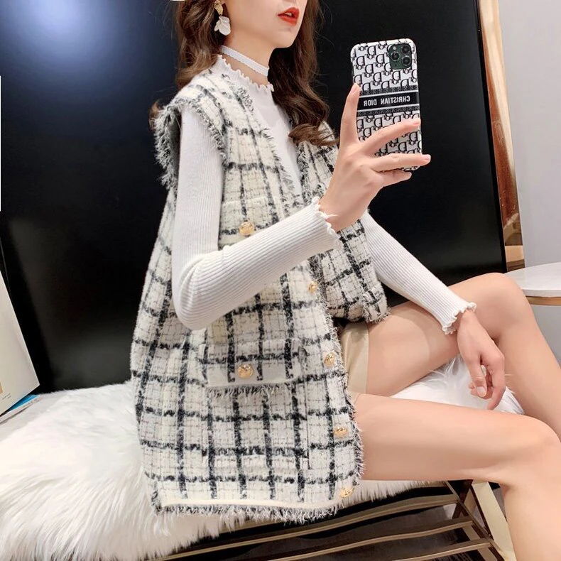 小香风格子马甲背心外套女2025秋冬宽松洋气炸街坎肩百搭马夹外穿