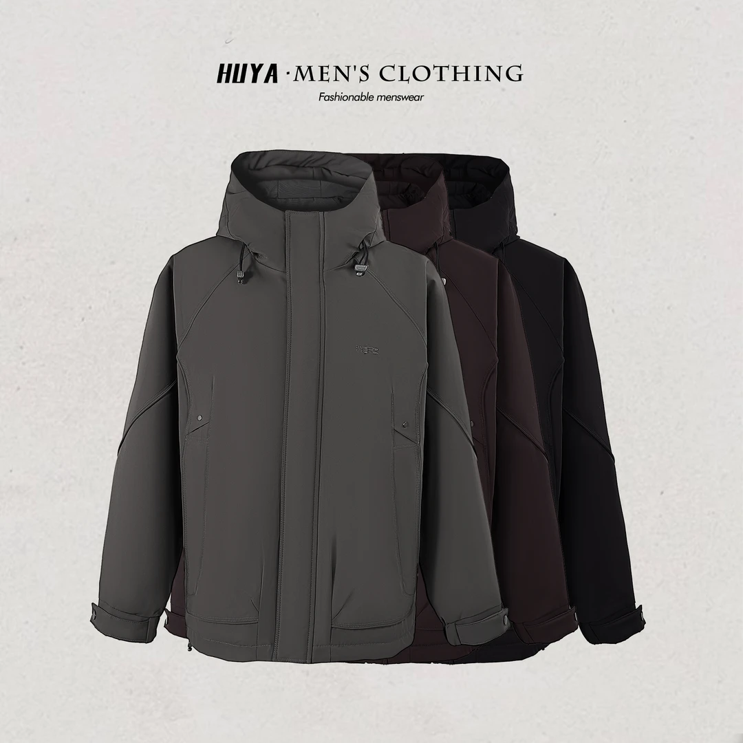 虎牙兄弟男士外套2025冬季新款户外防风工装拉链连帽冲锋衣F2569