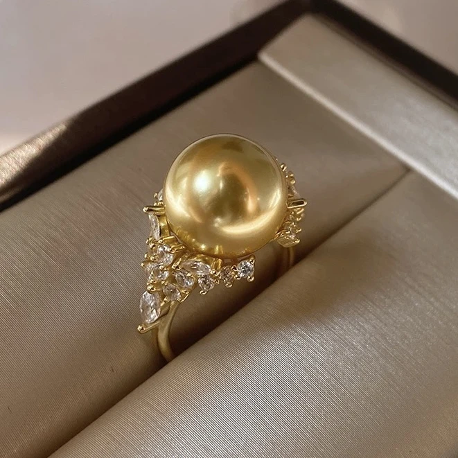 925银戒指 高级感南洋浓金色珠珠奢华大气百搭贵气金色珠珠戒指