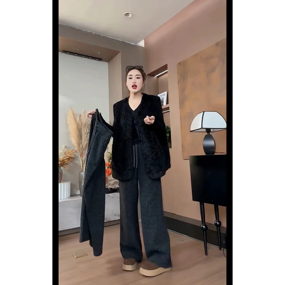 欧货豹纹毛巾裤阔腿裤常规高腰松紧腰秋冬气质百搭外穿设计感