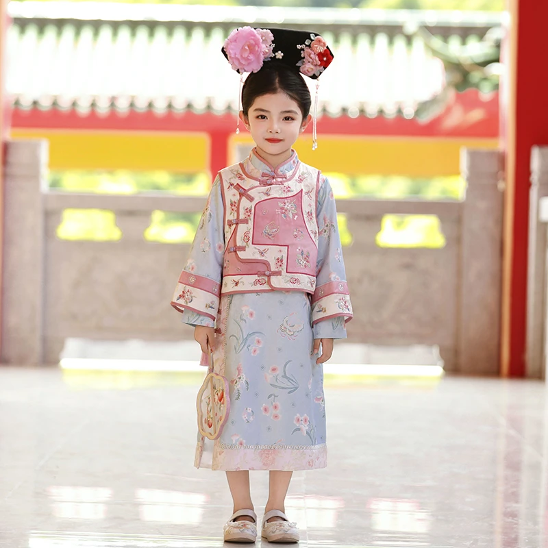 茗楠汉服女童春秋款古装儿童中国风宫廷全绣马甲格格服高端旗袍裙