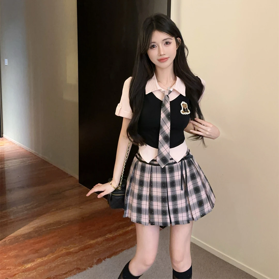 学院风jk制服套装女纯欲辣妹撞色假两件领带上衣高腰百褶半身裙夏