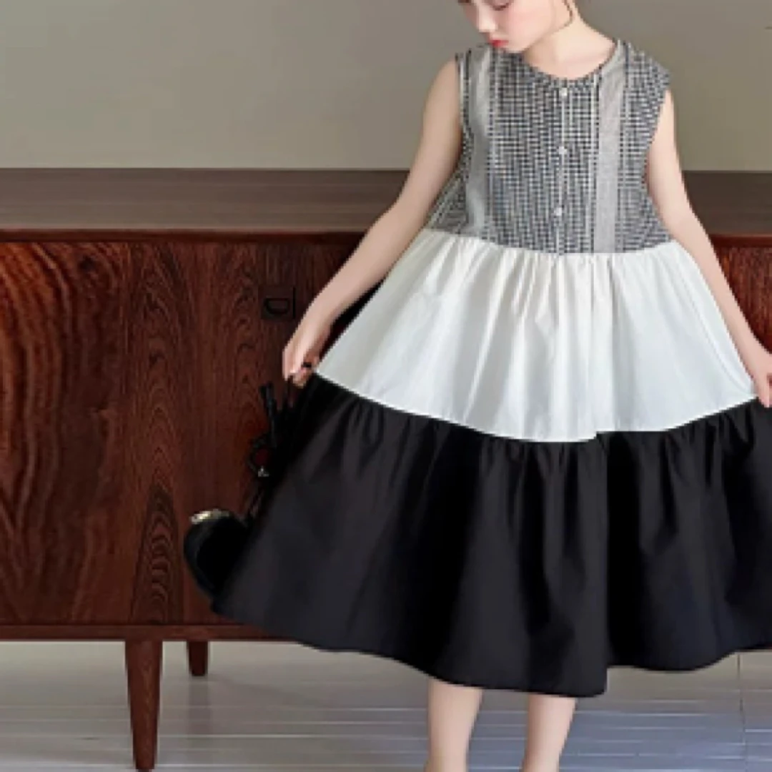 923-沫弛尔2025夏季瘦公主风女拼接国风大摆裙纯色连衣裙夏季