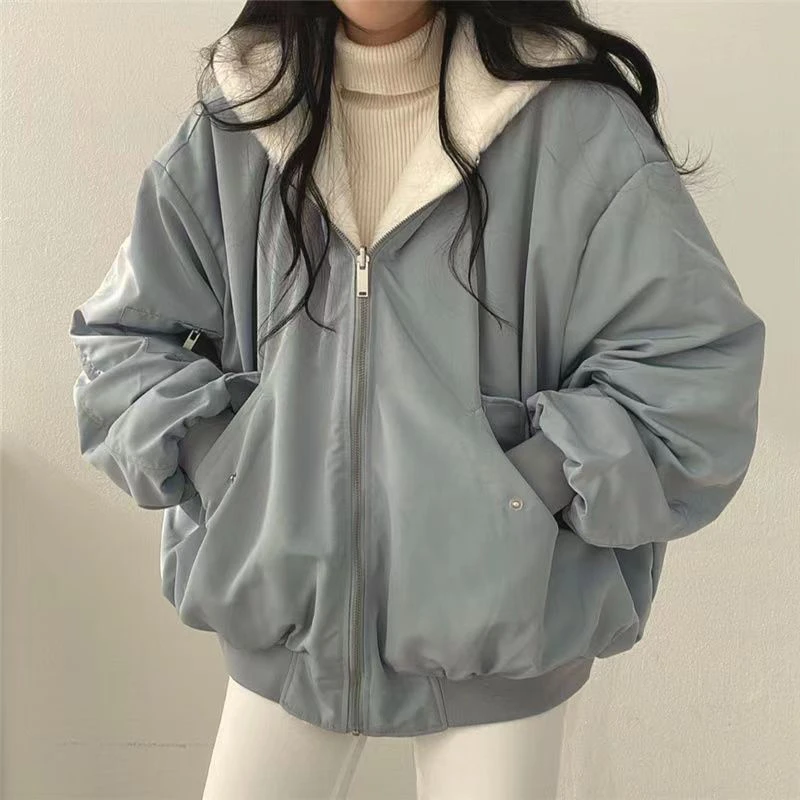 韩版加绒加厚两面穿仿羊羔绒棉服女装外套秋冬季新款拉链连帽棉衣