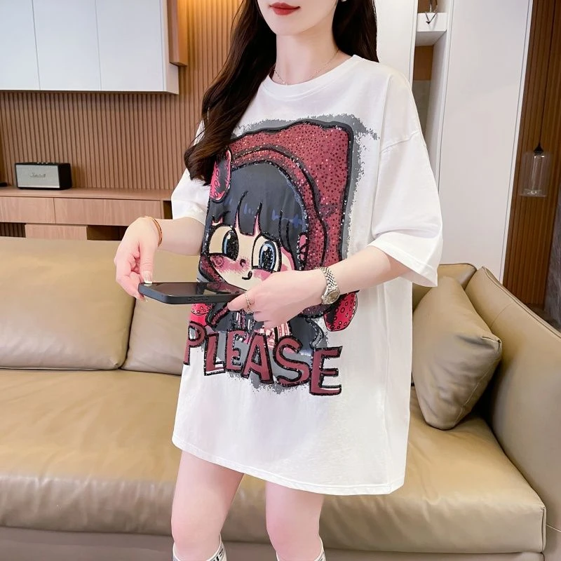 2025新款夏季印花韩版减龄休闲短袖宽松女士遮屁股白色T恤上衣服
