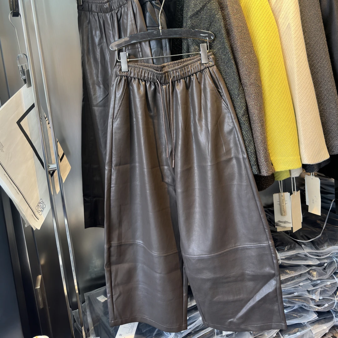 《GZZY》66106秋冬款高腰宽松显瘦直筒九分休闲皮裤女装