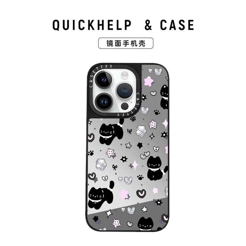 快乐黑猫适用苹果16手机壳13保护壳苹果iPhone15补妆镜14PRO镜面