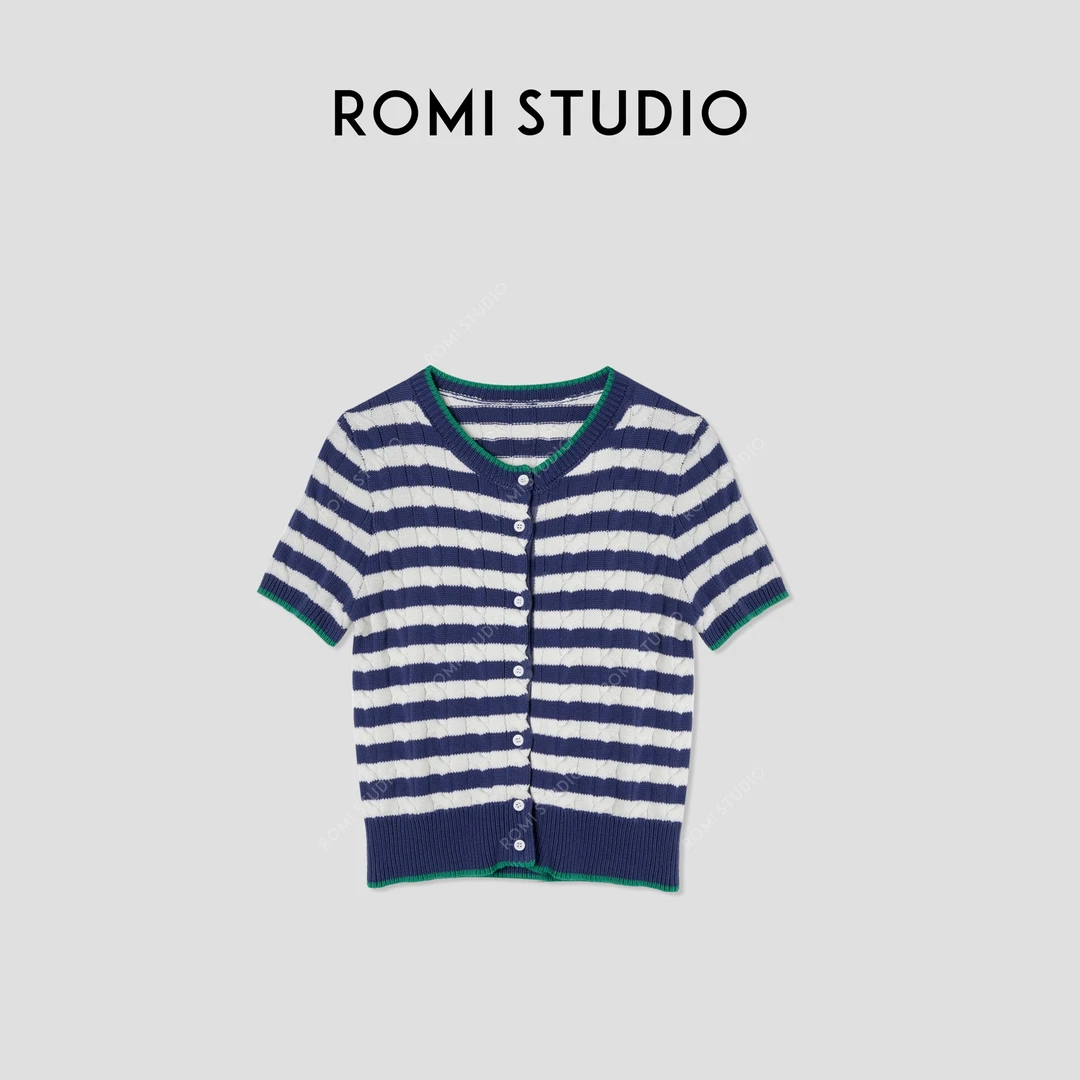 ROMI STUDIO ”美式复古“ 7针2/32棉绞花撞色条纹针织开衫422C7072